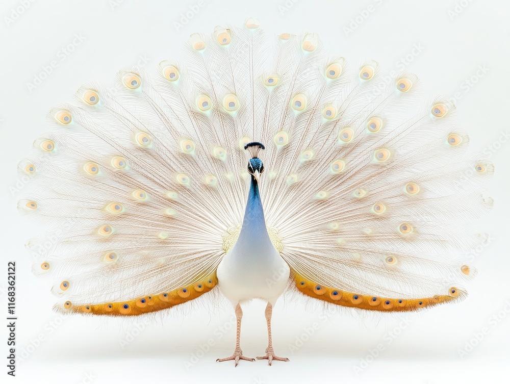 Fototapeta premium A stunning peacock displaying its vibrant plumage in full fan.