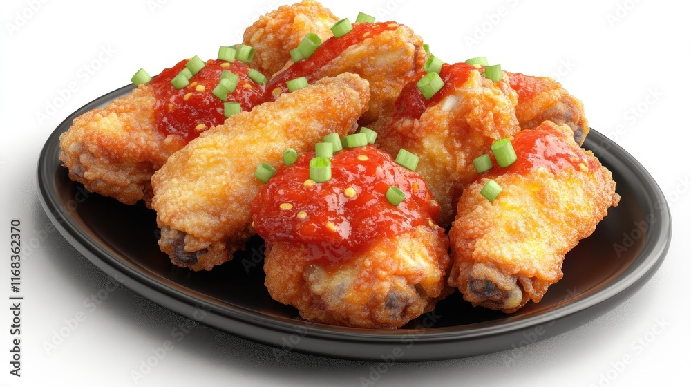 A plate of crispy chicken wings topped with sauce and green onions, ready for enjoyment. A plate of crispy chicken wings topped with sauce and green onions, ready for enjoyment.