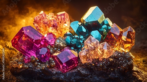 Vibrant Gemstones and Precious Ore Artfully Arranged in a Striking Shimmering Composition photo