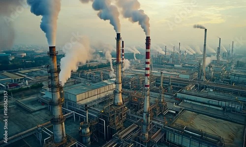 Aerial View of Industrial Complex with Smoke Emission from Tall Chimneys at Sunrise, Highlighting Modern Manufacturing and Environmental Impact in Urban Setting