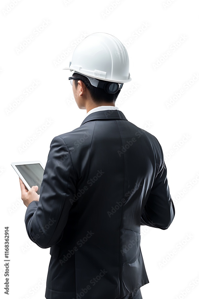 Photo of the back of Professional Engineer Using Tablet in Safety Helmet and Suit on White Background Photo of the back of Professional Engineer Using Tablet in Safety Helmet and Suit on White Background