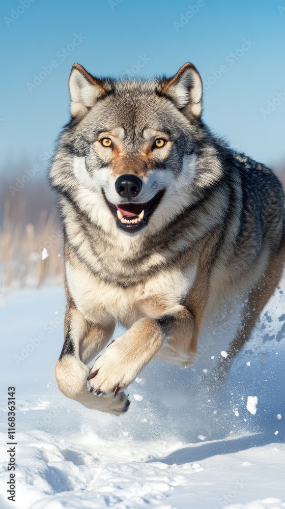 A wolf joyfully running through the snow on a bright winter day. A wolf joyfully running through the snow on a bright winter day.