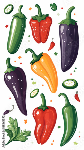 Wallpaper Mural Colorful Chili Peppers Illustration, Food Blog, Recipe Design, White Background, Spice. Torontodigital.ca