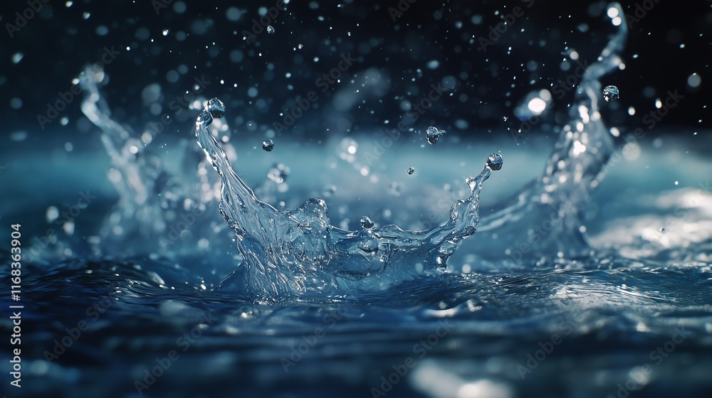A stunning capture of clear blue water splashing, showcasing the beauty and vitality of moving water droplets. Perfect for advertisements and publications related to nature and purity