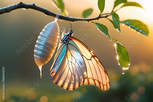 A cocoon that has been released from its shell into a beautiful butterfly, the cocoon shell is still hanging on a small tree, soft light in a beautiful morning