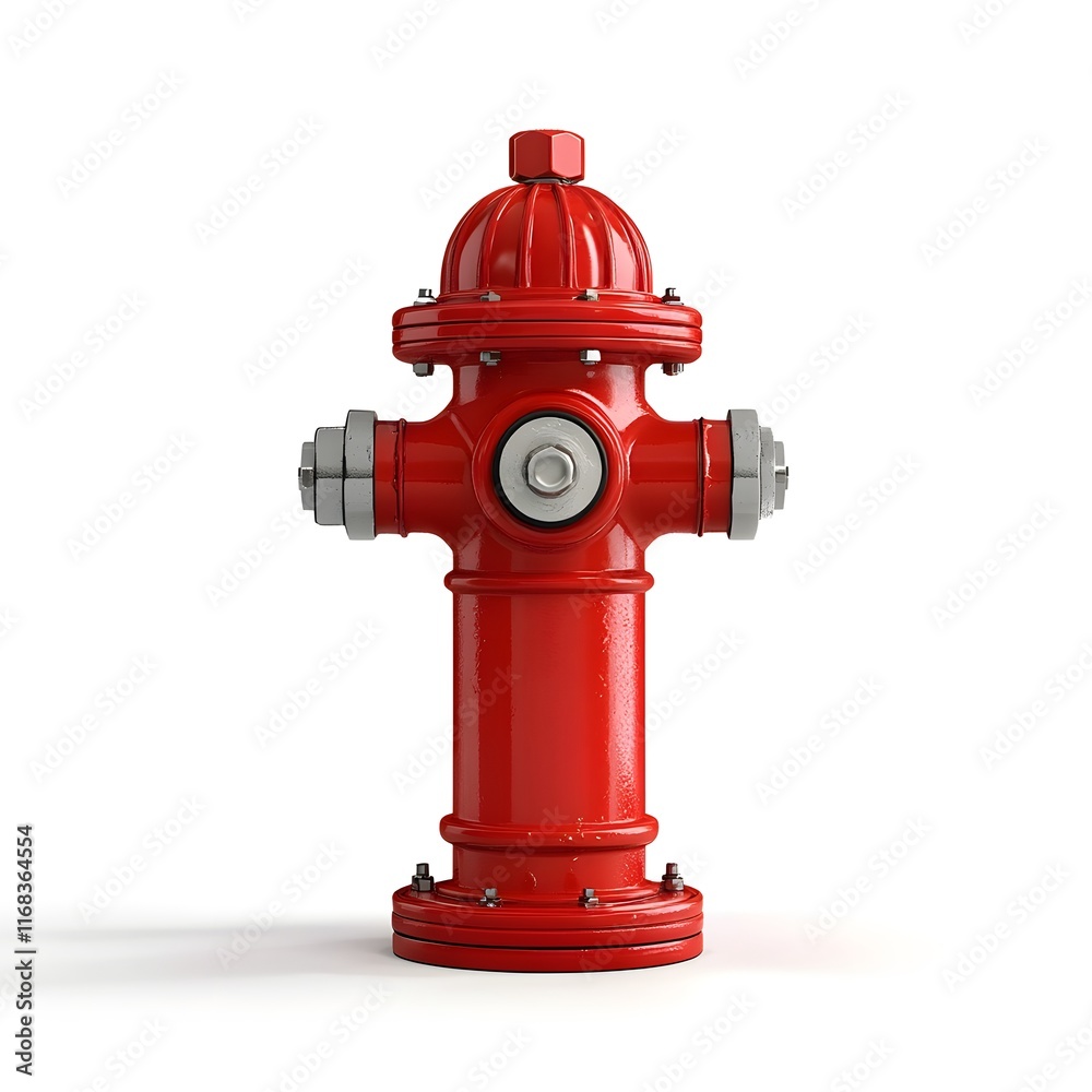 Shiny Red Fire Hydrant with Metal Details on White Background Shiny Red Fire Hydrant with Metal Details on White Background