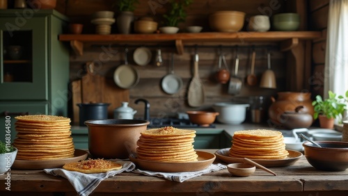 Preparing the feast, Folk decor table with blini medovik