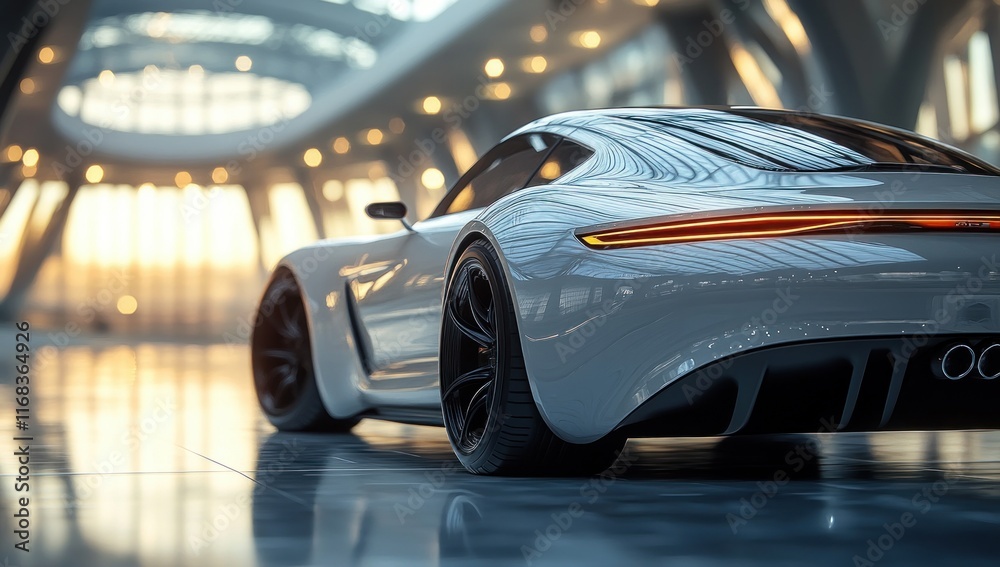 Silver Sports Car in Minimalist Setting with Reflections and Soft Sunlight Silver Sports Car in Minimalist Setting with Reflections and Soft Sunlight