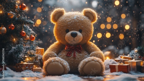 Cozy Christmas Teddy Bear in Front of Beautifully Decorated Tree with Snow and Warm Lighting