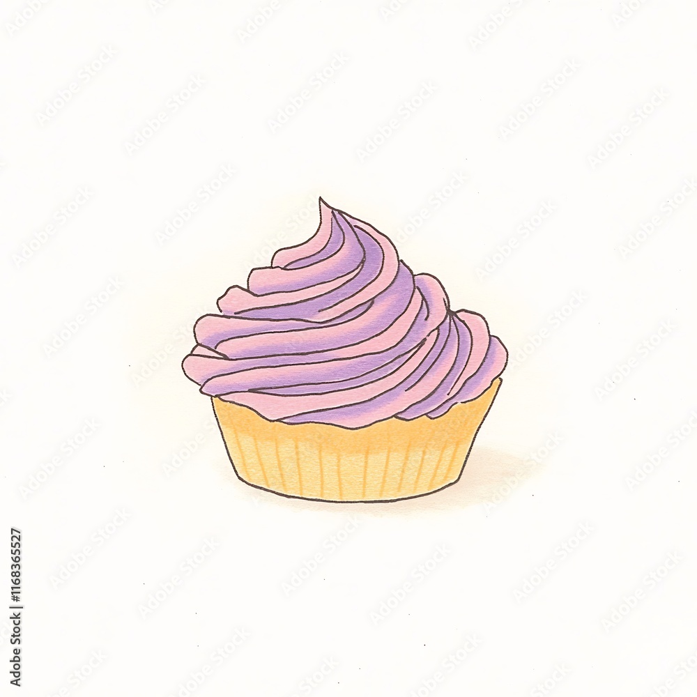 Delightfully Swirled Lavender Cupcake: Hand-Drawn Illustration. AI Generated