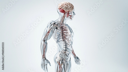 Transparent Human Anatomy: Detailed 3D rendering of the human body, showcasing the intricate network of the nervous system, circulatory system, and skeletal system.