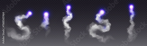 Rocket launch smoke trails with glowing purple engine flames - curling white exhaust streams, luminous thrust patterns, curved vapor formations. Spacecraft particle and space mission visual effects.