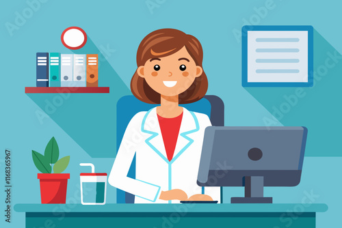 Vector illustration of a female doctor sitting at the desk in the office.