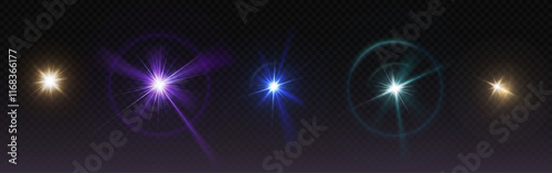 Bright glints set isolated on transparent background. Vector realistic illustration of neon blue, purple, yellow light flares, glowing glare in darkness, magic flash, glimmer of hope, headlight shine