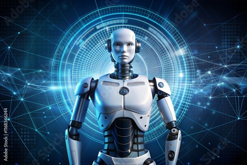 robot in white and blue suit with a digital display against dark background