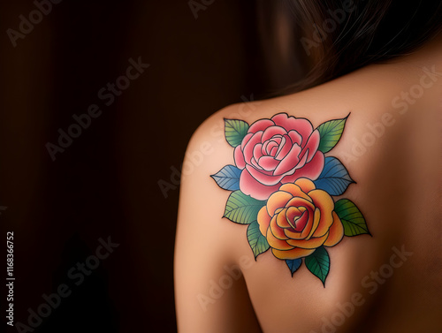 Vibrant rose tattoos on shoulder, showcasing artistic body ink with floral design and vivid colors. photo