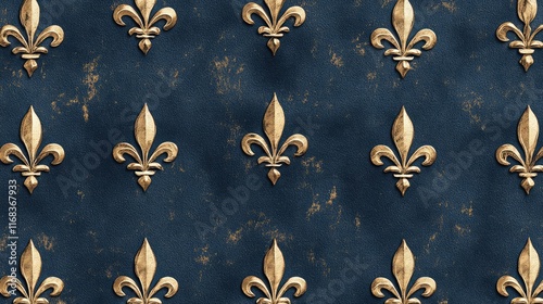 A seamless luxury pattern of gold fleur-de-lis motifs on a deep navy blue background, exuding elegance and sophistication.
