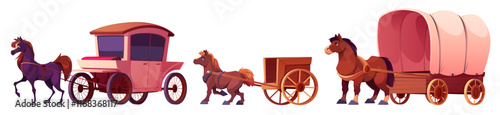 Historical cart and horse carriage set - retro brougham, wooden cargo wagon, covered frontier transport. Brown stallions pulling wheeled vintage vehicles for western games or antique design.