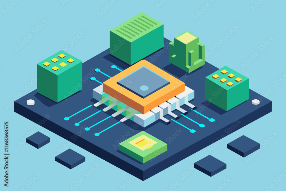 Isometric vector illustration of a microprocessor in the form of a city Isometric vector illustration of a microprocessor in the form of a city
