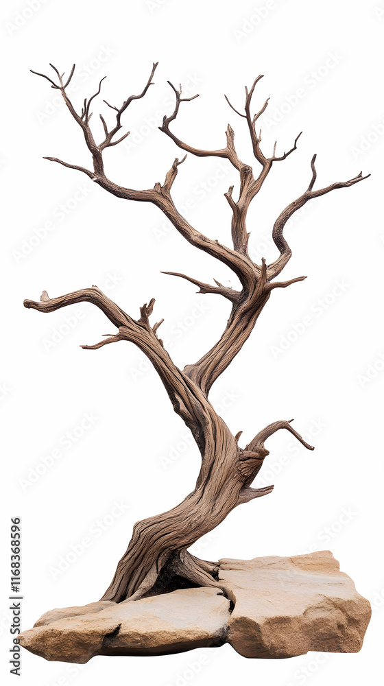 Dead tree art, desert rock base, studio shot, white background, design element. Dead tree art, desert rock base, studio shot, white background, design element.