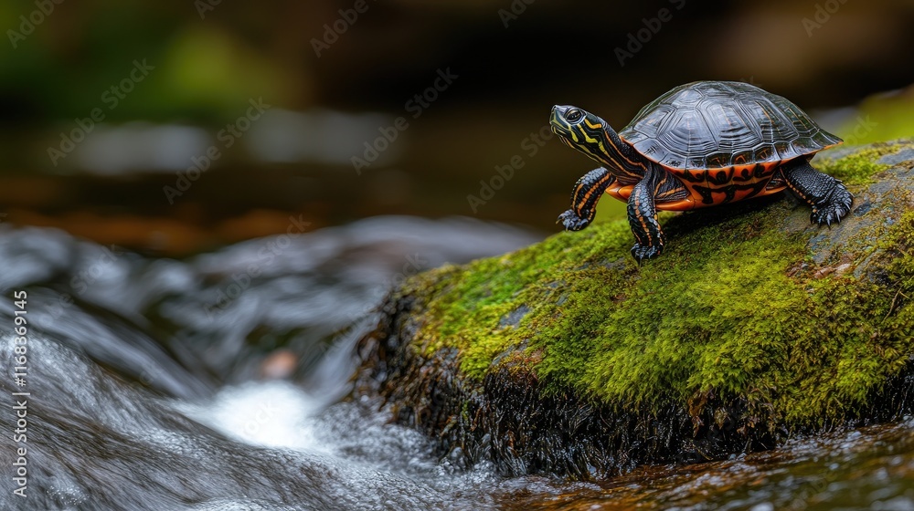 Obraz premium A turtle perched on a mossy rock beside a flowing stream, showcasing nature's beauty.