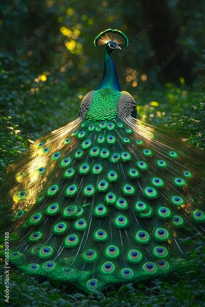 Obraz premium majestic peacock feathers fanned out in a semicircle, each feather shimmering with iridescent colors