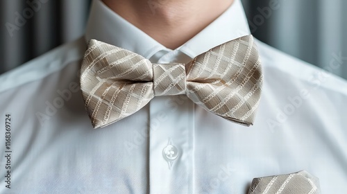 A close-up shot of a dapper model in a crisp white dress shirt, showcasing a perfectly tied bow tie and a meticulously folded pocket square, with focus on the craftsmanship of each element. The clean photo