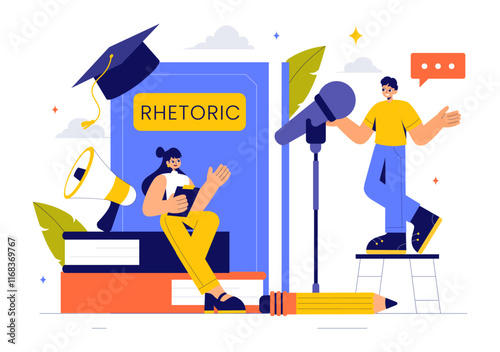 Rhetoric or Elocution School Class Illustration Featuring Hand Gestures, Voice Training, and Speech Improvement for Persuasion Skills Development