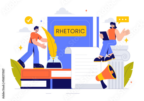 Rhetoric or Elocution School Class Illustration Featuring Hand Gestures, Voice Training, and Speech Improvement for Persuasion Skills Development