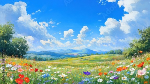A bright blue sky with fluffy clouds over a peaceful sunny meadow dotted with flowers