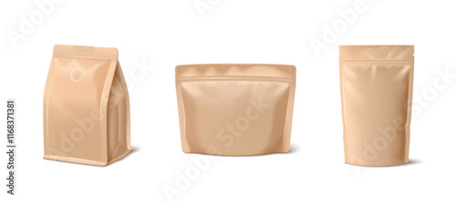 Paper coffee bag mockup set of beige kraft packaging designs - gusseted pouch with seal, flat bottom doypack, standing ziplock sachet. Eco friendly containers template for premium roasted beans.