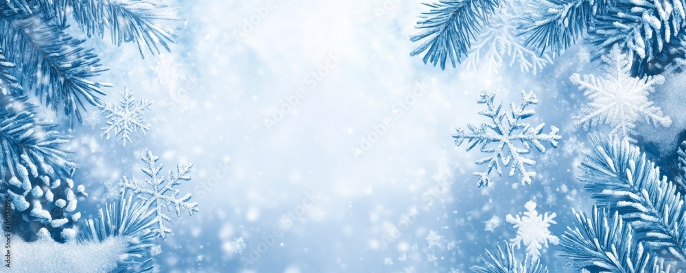 Snowy winter background with pine branches and snowflakes. Snowy winter background with pine branches and snowflakes.