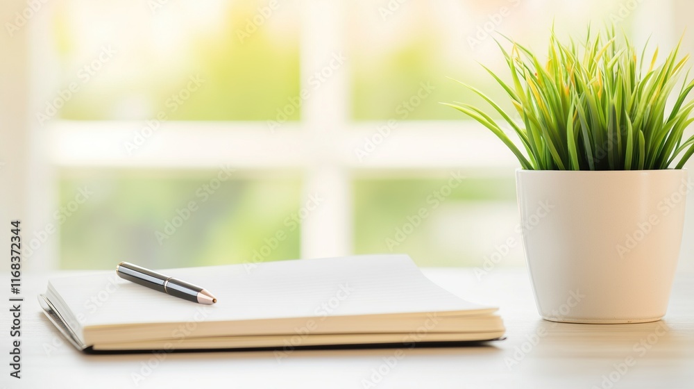 Naklejka premium Notebook and pen on desk beside green plant in bright home office setting