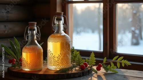 Traditional Russian drinks, Traditional izba log walls snow fields birch sap wild berries fern leaves.