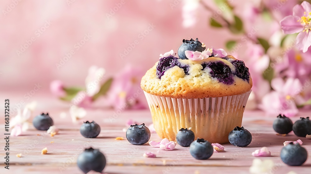 A freshly baked blueberry muffin placed on a rustic wooden table, surrounded by soft spring flowers, isolated on a pastel pink background with space for text. A freshly baked blueberry muffin placed on a rustic wooden table, surrounded by soft spring flowers, isolated on a pastel pink background with space for text.