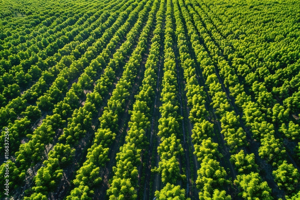 Aerial view of lush green agricultural fields with neat rows of crops Aerial view of lush green agricultural fields with neat rows of crops