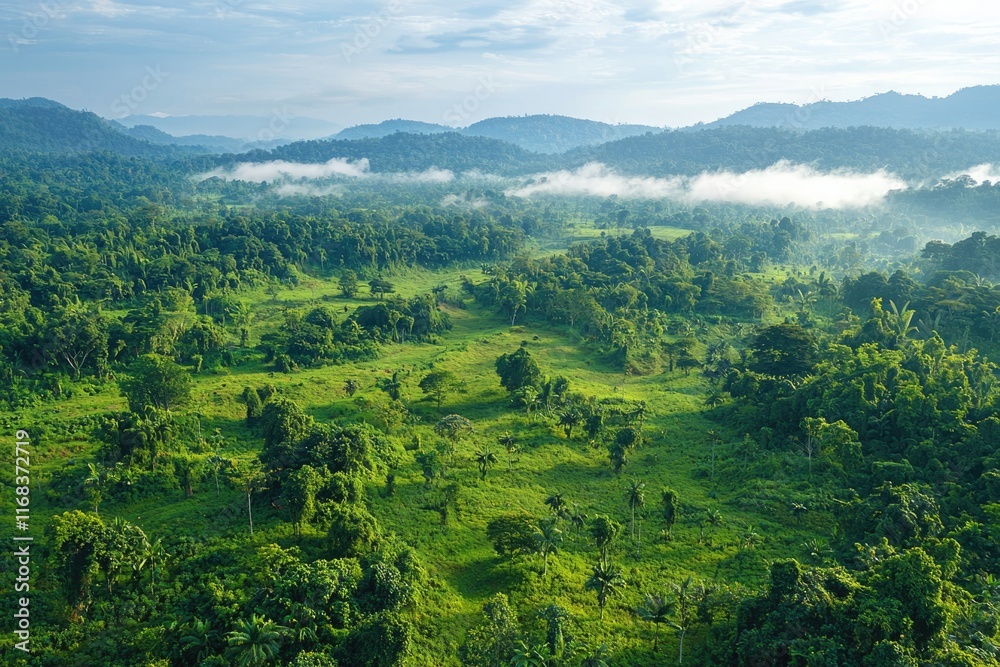 Obraz premium Lush green tropical rainforest landscape with rolling hills and misty clouds
