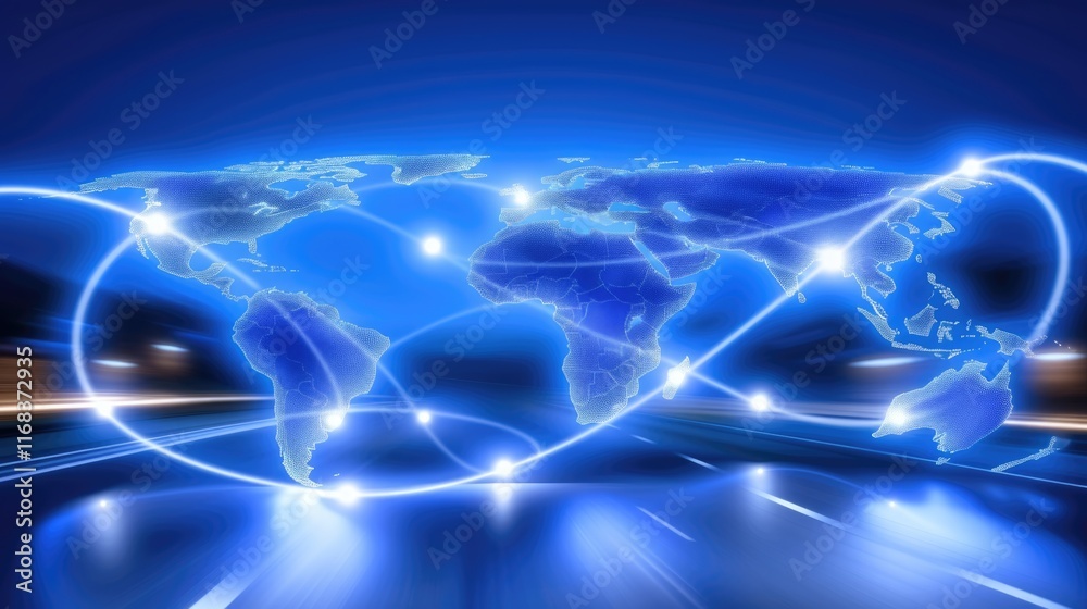 Obraz premium Futuristic global network visualization with blue digital world map and light trails