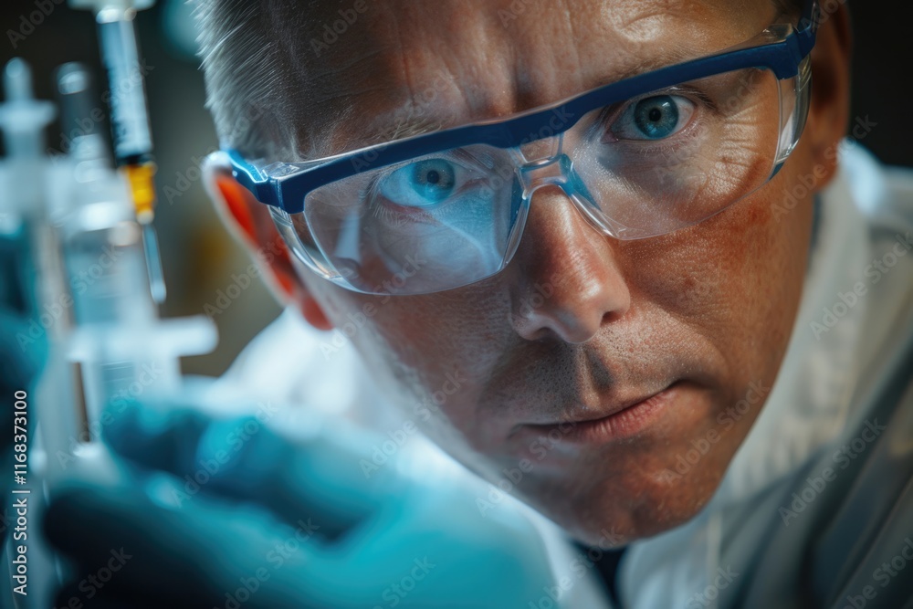 Caucasian male scientist wearing protective goggles holding a syringe in laboratory Caucasian male scientist wearing protective goggles holding a syringe in laboratory