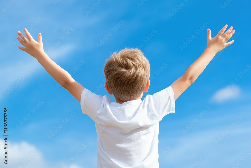 Joyful blonde child raising arms under clear blue sky in sunny day Joyful blonde child raising arms under clear blue sky in sunny day