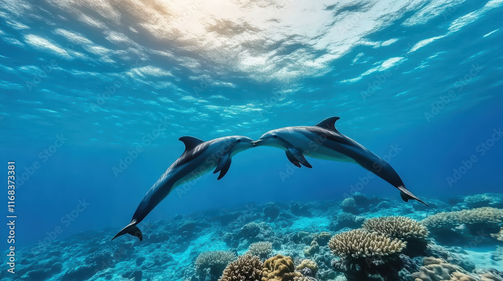 Obraz premium Playful dolphins kissing under ocean waves with vibrant coral backdrop