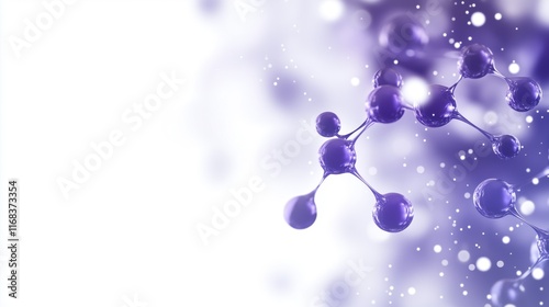 Purple molecular structure on white background with bokeh light effects