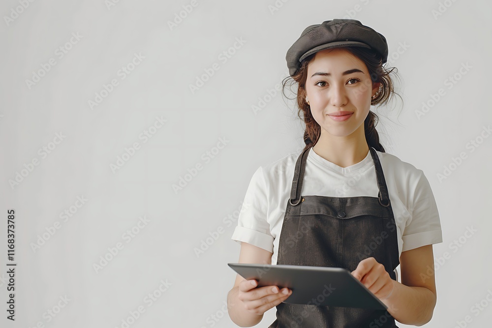 Young Woman Wearing Apron Holding Tablet with Friendly Smile Young Woman Wearing Apron Holding Tablet with Friendly Smile