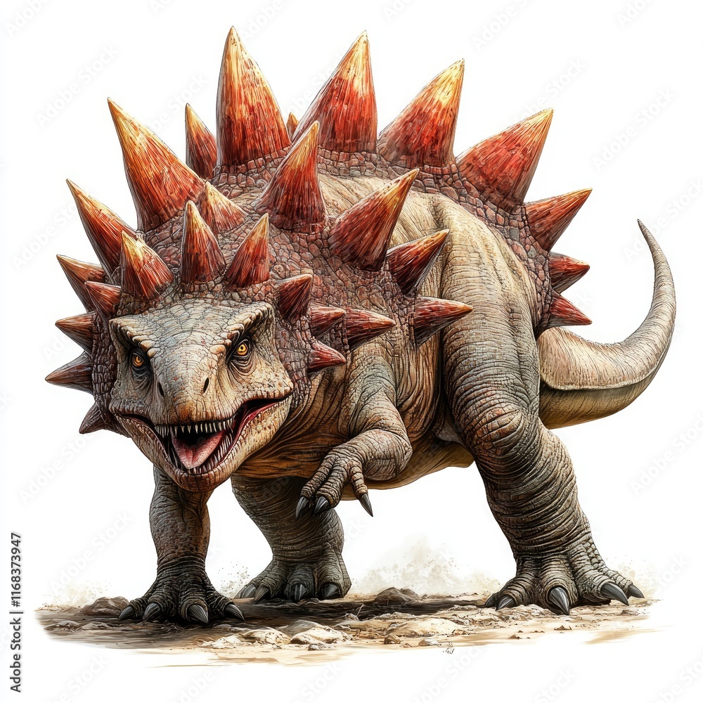 Fototapeta premium A detailed illustration of a spiked dinosaur resembling a Stegosaurus.