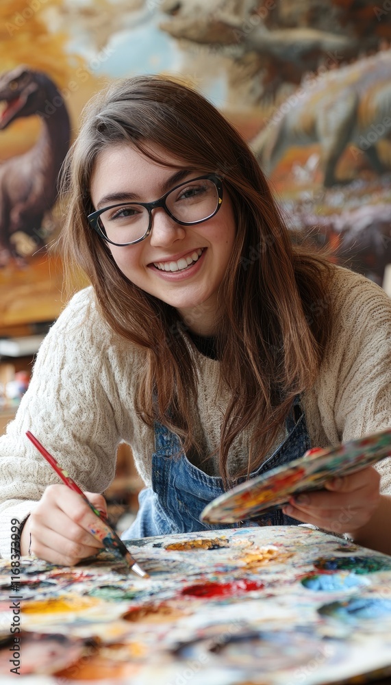Fototapeta premium A young woman joyfully painting in an artistic studio filled with vibrant colors and creativity.