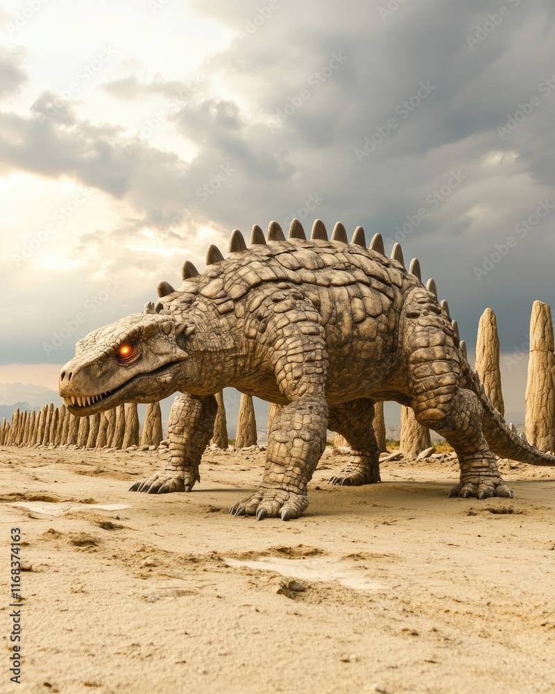 Fototapeta premium A large, dinosaur-like creature stands in a barren landscape under a dramatic sky.