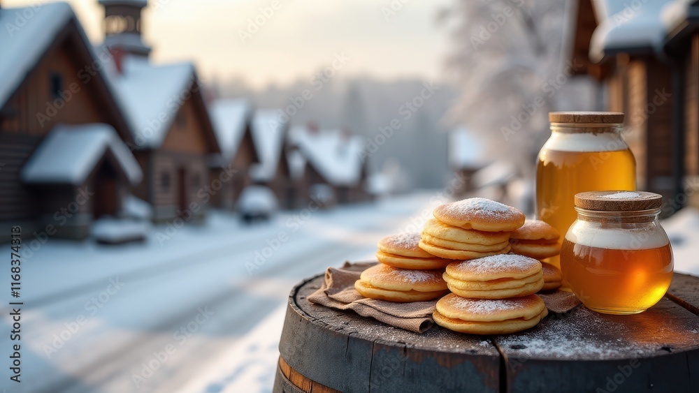 Traditional Russian food, Snowy village with blini sour cream wooden barrel Maslenitsa. Traditional Russian food, Snowy village with blini sour cream wooden barrel Maslenitsa.
