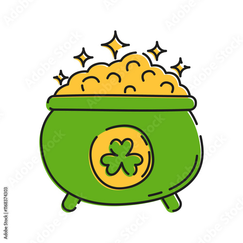Pot of Gold Illustration, A pot overflowing with gold coins and a shamrock Illustration, referencing leprechaun myths.