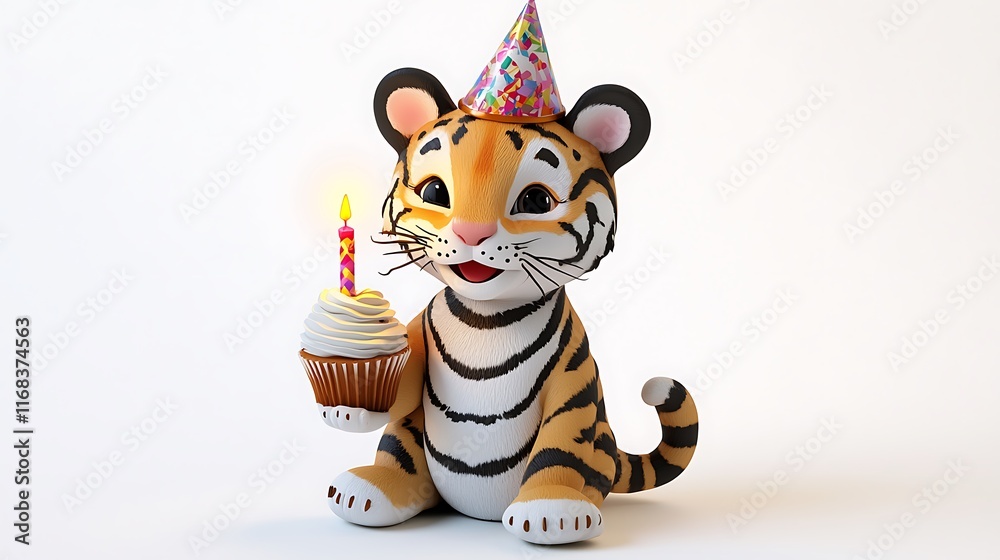 Fototapeta premium Happy Birthday, Tiger! A cute cartoon tiger cub celebrates his birthday with a cupcake and a candle, radiating joy and playful energy. The perfect image to capture the spirit of a special day.