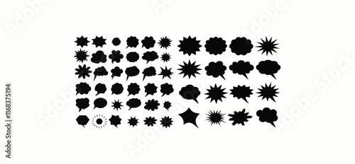 Print  Comic explosion speech bubble vector shapes, speech bubble silhouettes, starburst designs in black. Ideal for graphic design, comic book art, pop art, and digital illustrations